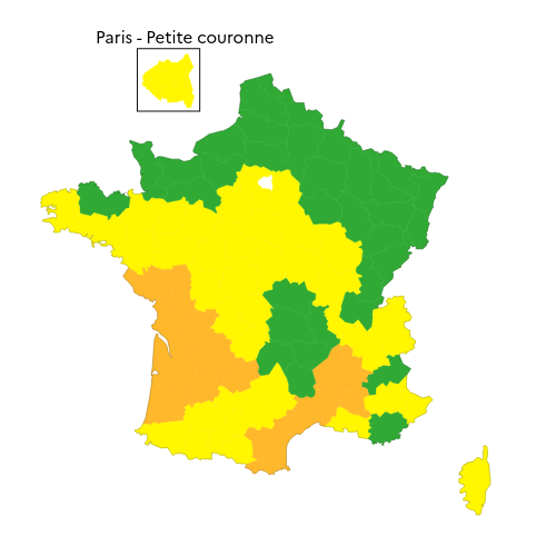 Carte de vigilance météorologique Météo-France pour aujourd'hui en France